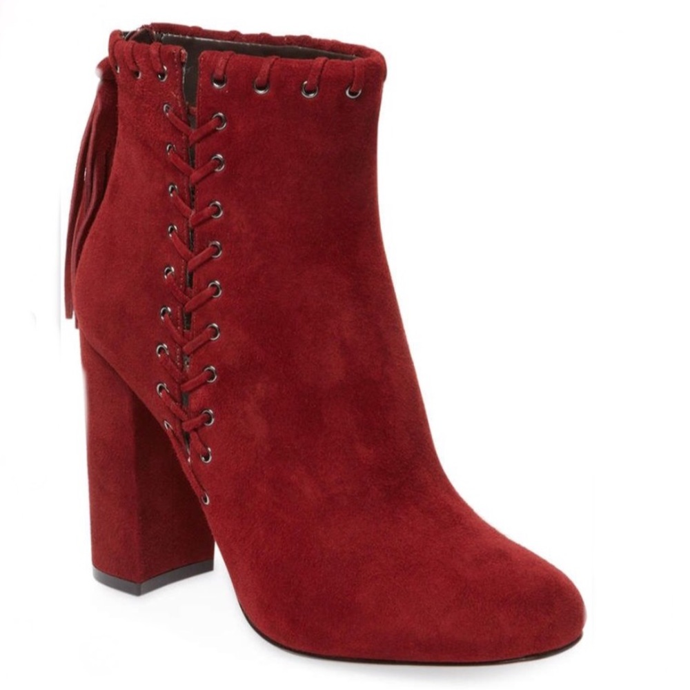 Karl Lagerfeld Sylvia Burgundy Red Chunky Heel Suede Ankle Boots Tassels - 6